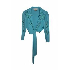 Double D Ranch Turquoise Knit Wrap Shirt Embroidered Rhinestone Size M